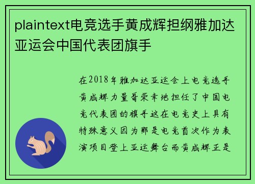 plaintext电竞选手黄成辉担纲雅加达亚运会中国代表团旗手